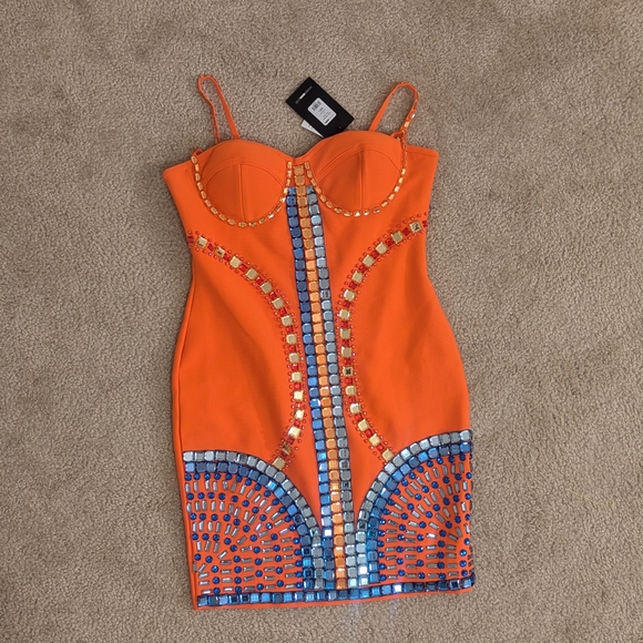Bold Orange Embellished Mini Dress - Picture 3 of 4